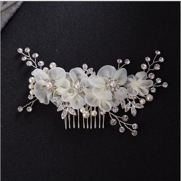 

women white yarn handmade flower hair combs bridal wedding beauty headpieces ladies delicate crystal pearl hair accessories, Golden;white