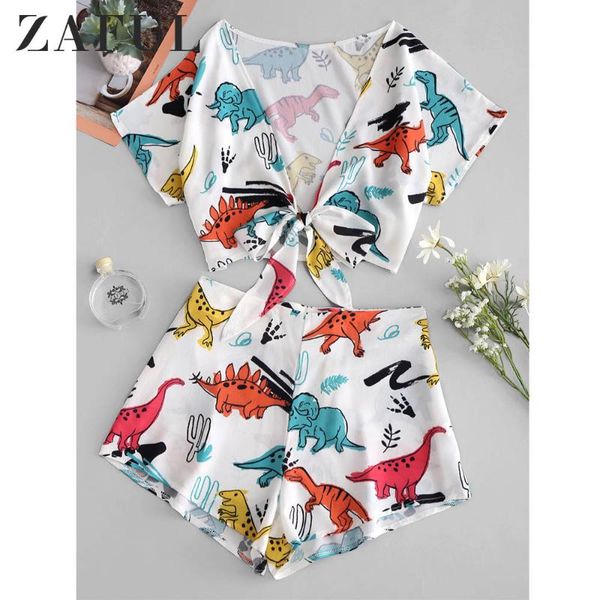 

zaful женские наборы динозавр узловатый укороченный топ и шорты короткие рукава растениеводство топ молния высокая талия летняя уличная одеж, White