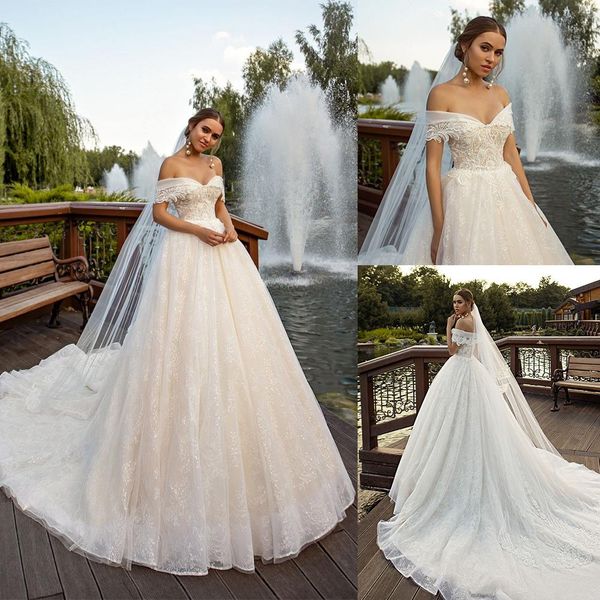 

2020 bohemian свадебные платья с плеча sequined аппликация рукавов свадебное платье с открытой спиной поезд стреловидности сшитое свадебные, White