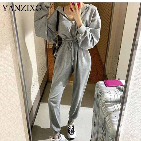 

2019 autumn and winter new fashion solid color hooded zipper waist slimming casual jumpsuit female d315, Black;white