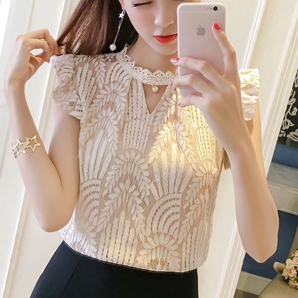 

2019 women clothing summer floral o-neck lace shirts women hollow out female elegant short-sleeve lace blouses shirts 587h, White