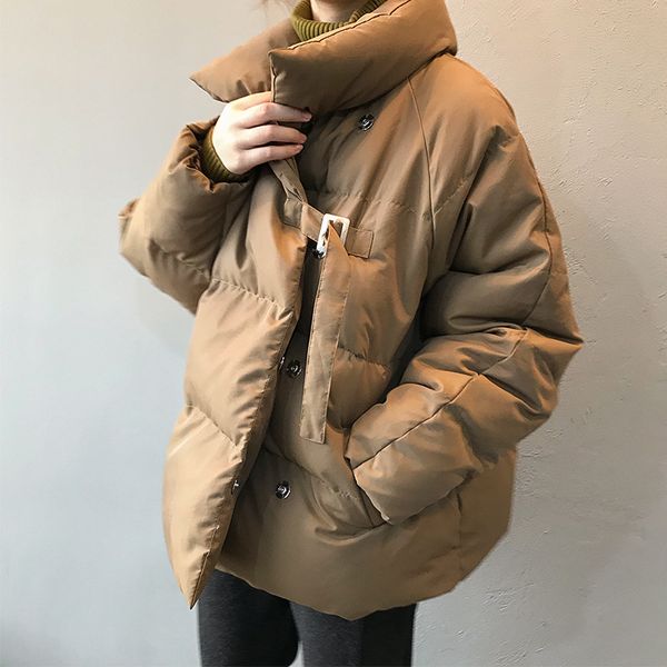 

2019 women winter coat new korean stand collar loose bat sleeve buckle warm down cotton padded jacket 0612, Black