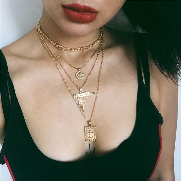 

long chain choking christ necklace retro punk jewelry women's fashion cross pendant gun necklace gold multilayer, Silver