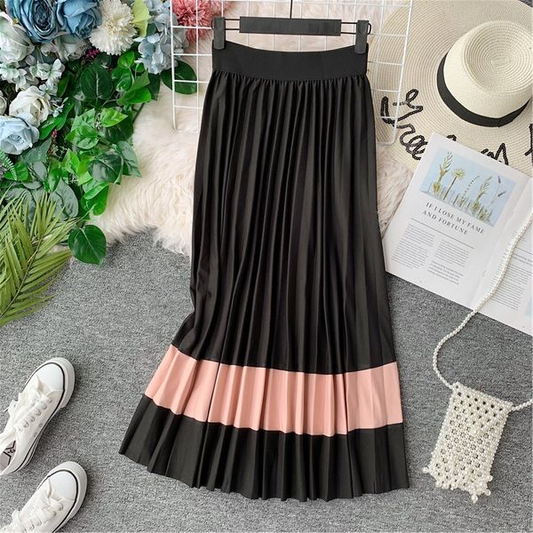 

new autumn women joker fashion high waist slim stretch a-line stitching pleated skirt ladies mid-calf stripe swing long skirt, Black