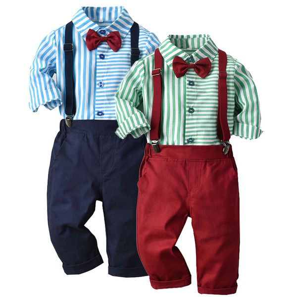 

formal baby boy clothing set autumn stripe long sleeve bow tie t-shirt+suspenders pants cotton baby clothes roupa infantil 2019, White