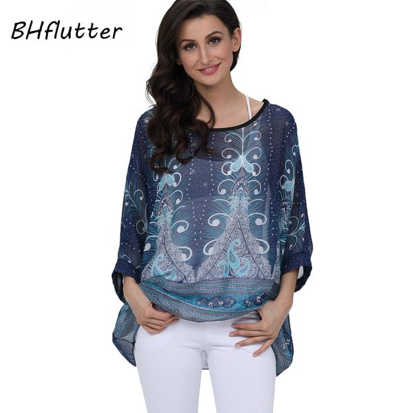 

bhflutter 2018 women blouse shirt plus size 4xl 5xl 6xl batwing sleeve chiffon floral print casual summer blouses blusas, White