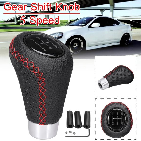 

5 speed manual car gear shift knob shifter lever red stitche pu leather & aluminum universal for most of cars
