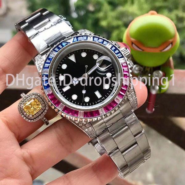 

Luxury men watche red and blue cry tal ring 40mm tainle teel bracelet automatic watch uper luminou wri twatch orologio di lu o