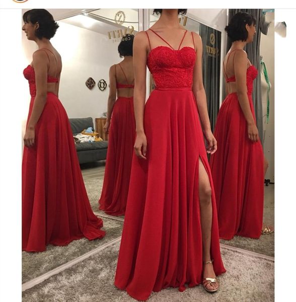 

2020 red prom dress chiffon side slit split spaghetti strap women party dress backless sleeveless charming vestido de fes, White;black