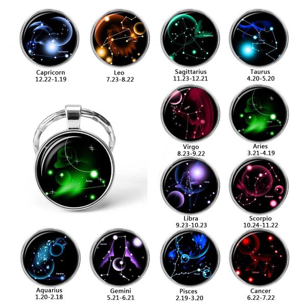 

12 zodiac sign glass dome jewelry keychain virgo libra scorpio cancer leo constellation pendant key chain ring birthday gift, Slivery;golden