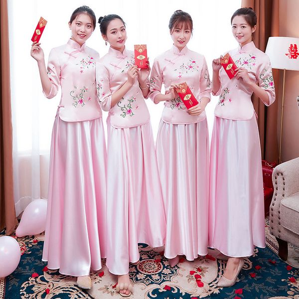 

pink vintage women bridesmaid flower wedding dress elegant cheongsam suit classic embroidery slim robe qipao vestidos s-xxl, Red