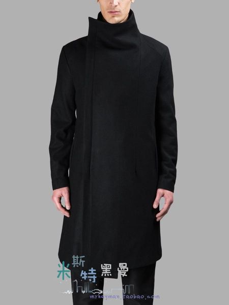 

s-5xl fashion men's turtleneck wool coat stand collar medium-long fronts woolen outerwear trench overcoat, Black