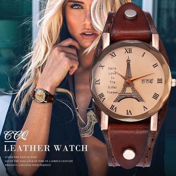 

women men genuine vintage cow leather eiffel tower watch luxury casual quartz wristwatches ccq brand clock, Slivery;brown