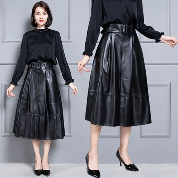 

2019 new fashion genuine sheep real leather skirt k48, Black