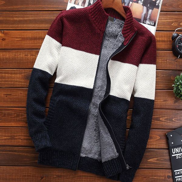 

men sweater outerwear cardigan zipper 2020 new winter male loose plus velvet thick stand collar thermal sweater teenage m29, White;black