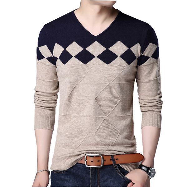 

2019 new autumn casual sweater men v-neck slim fit geometric men sweaters cotton pullovers legible, White;black