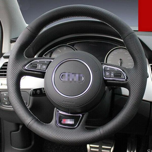 

hand-stitched black leather car steering wheel stitch on wrap cover for audi s8