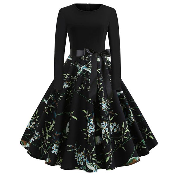 

2019 new fashion summer dress women's dresses vintage print long sleeve casual evening party prom swing dress vestidos, Black;gray
