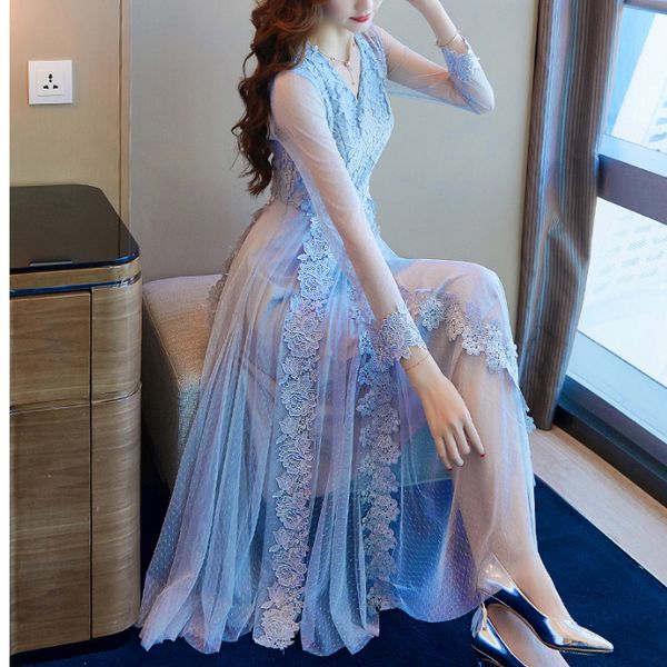 

2020 весна новое прибытие европейского fairy кружевном платье v шеи длинным рукавом mesh stiching кружева цветочные платье принцессы бесплат, Black;gray