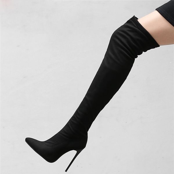 

new over the knee boots women pointed toe zip stiletto high heels prom boots drop shipping women shoes, Black