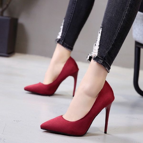

office lady shoes faux suede high heels woman shoes pointed toe dress shoes basic pumps women boat zapatos mujer 789, Black