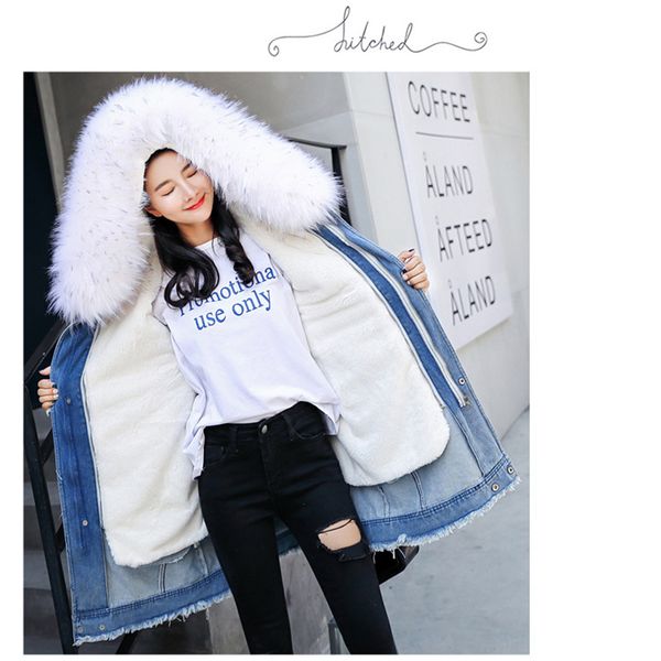 

winter fur parka denim jacket woman hooded winter coat long jacket women faux fur lined with warm woman coat, Black;brown