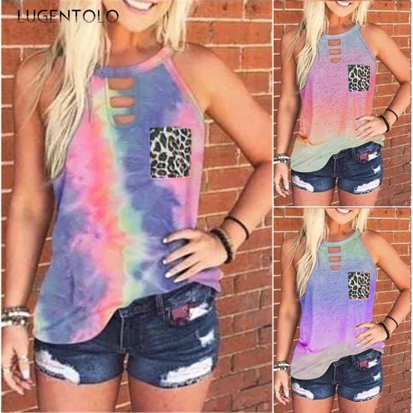 

lugentolo women summer tank tie-dye sleeveless print hole casual o-neck fashion vest loose multicolor lady tanks, White