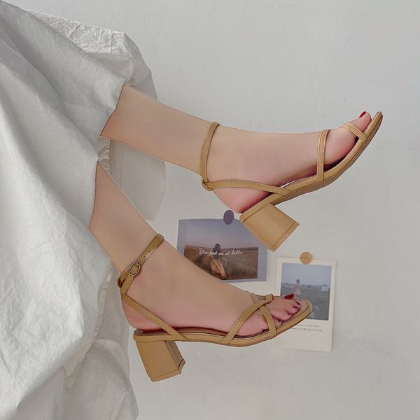 

beige heeled sandals block heels flip flops platform all-match med 2020 women's female shoe buckle strap black chunky gladiator