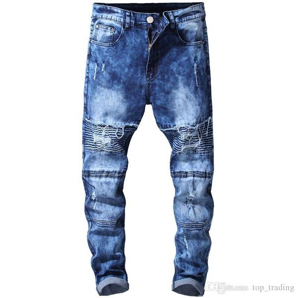 

мода мужские джинсы slim fit проблемные ripped байкер denim для мужчин hip hop мужские джинсы хорошее качество, Blue