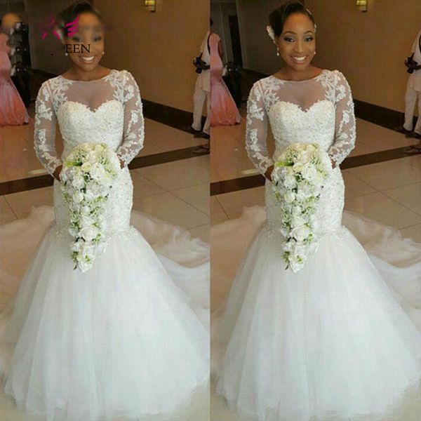 Sereia Do Vintage africano Vestidos de Casamento Manga Longa 2019 Apliques Plus Size Vestidos de Noiva Vestido de Noiva Branco Puro