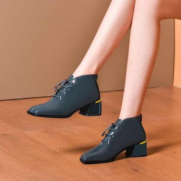 

mljuese 2020 women soft ankle boots cow leather black color lace up winter short plush square toe high heel boots women