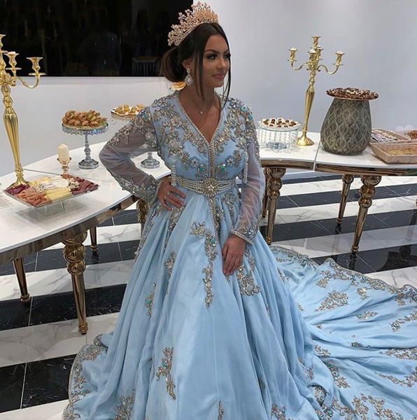 

prom dresses 2020 a line long sleeve lace saudi arabia dubai sky blue appliqued formal evening party gowns vestidos de novia, Black;red