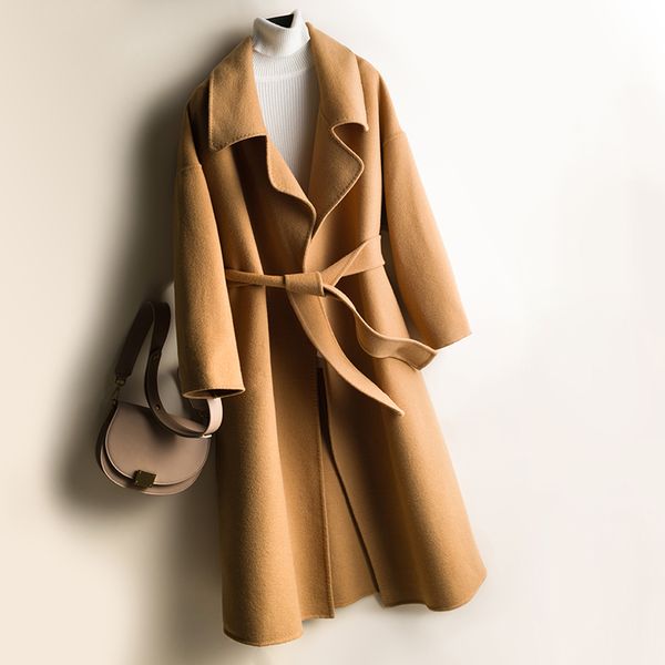 

300% pure wool coat female 2020 korean fashion double-sided women wool coats long autumn winter jacket with belt 3604032, Black