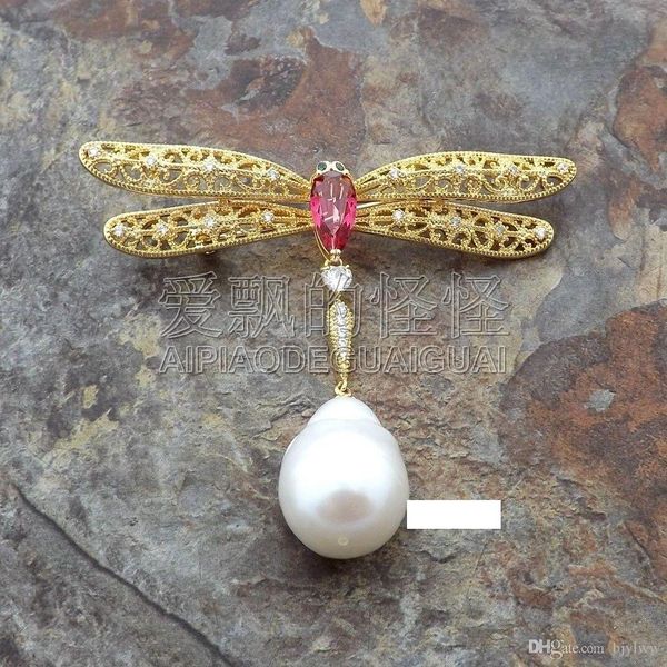 

br112210 white keshi pearl cz pave dragonfly brooch, Gray