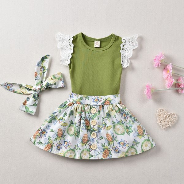 

девочка наряды с коротким рукавом сплошной цвет ползунки печати цветочные юбка лук лента для волос 3 шт. для младенческой маленькая девочка, White