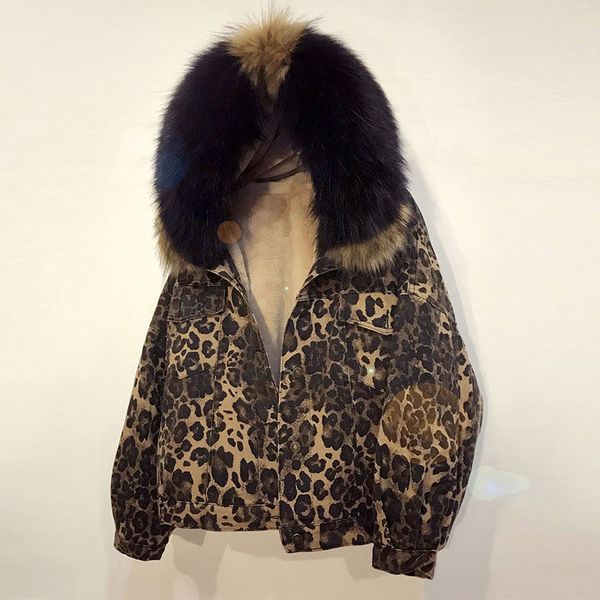 

women winter fashion leopard warm fleece jeans jacket short thick big fur hooded parka lambswool denim jacket, Black