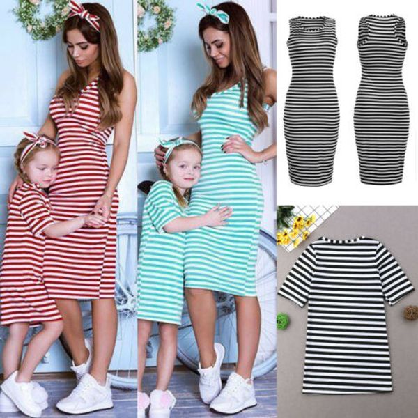 

mother&daughter dress matching mom girl stripe bow maxi dress family clothes, Blue
