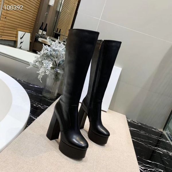 

2019 real leather thick sole boots women super high heel boots ladies brand knee high party platform party shoes, Black