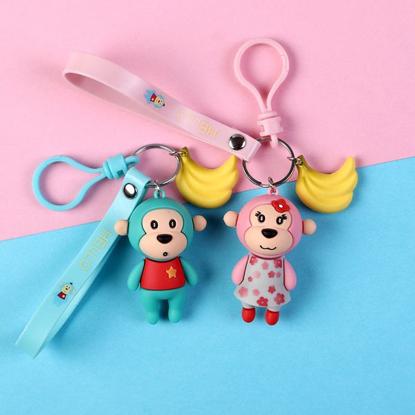 

2019 banana monkey keychain cartoon epoxy silicone leather animal orangutan key chain women bag pendant keyring accessories, Silver