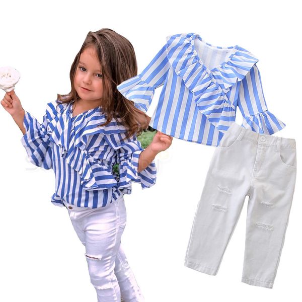 

kids outfits clothes girls 2019 summer striped trumpet sleeve shirt+hole pants two piece matching set girls boutique clothing baby tracksuit, White