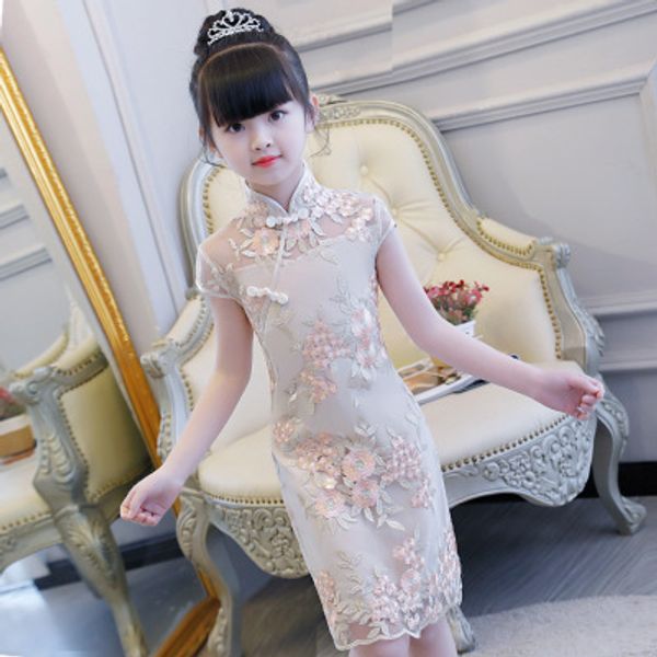 

new summer chinese style girl cheongsam dress spring and autumn improved children guzheng costume girl princess thin section, Red;yellow