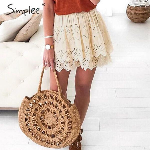 

simplee elastic high waist women skirt ruffled hollow out embroidery a-line skirt summer solid ladies bottom female skirts 2019, Black