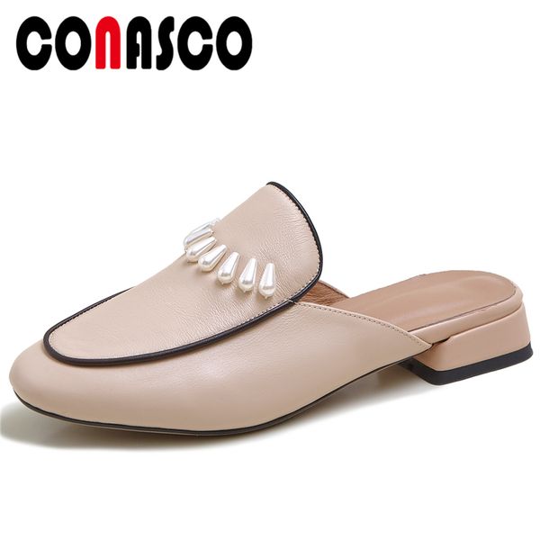 

conasco concise casual summer women sandals string bead round toe mules genuine leather fashion low heels flat with shoes woman, Black