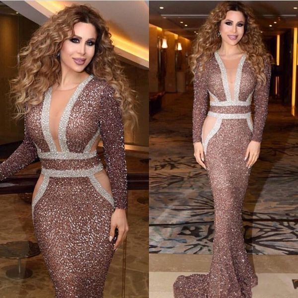 

2020 sparkly yousef aljasmi sequined evening dresses sheer deep v neck plus size prom gowns sheath long sleeves formal dress