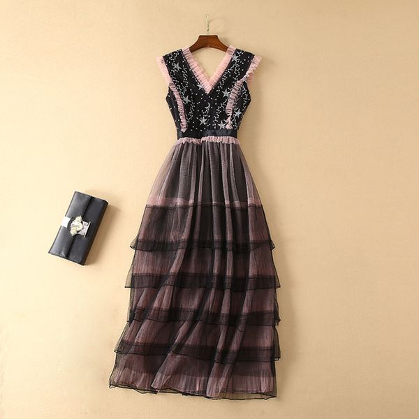 

goodlishowsi sweet boho long maxi dress embroidery elegant cake dress sleeveless empire waist women's party formal ruffles, Black;gray