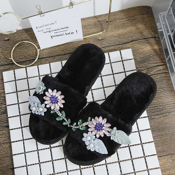

nice autumn winter women fur slippers flat heels fashion diamond flower shoes woman indoor female elegant gemstone slippers, Black