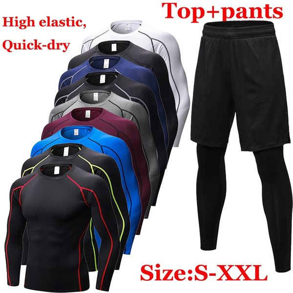 

fitness tight sport suit men long sleeve shirt +pant men's running set compression gym clothing quick dry sportswear kg-663, Black;blue