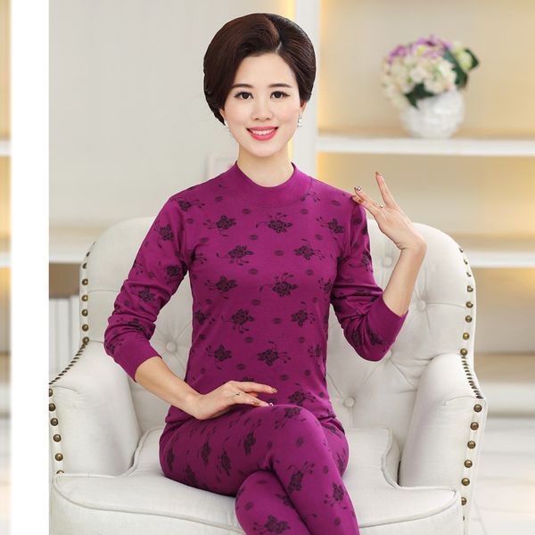 

5xl 95%cotton printed turtleneck second female thermal skin middle-aged women's thermal underwear set warm winter long johns, Black;pink