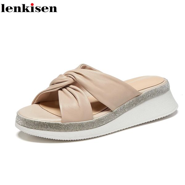 

lenkisen simple style sheep leather fairy rhinestones bordered bling thick bottom slip on daily wear fashion summer slipper l56, Black