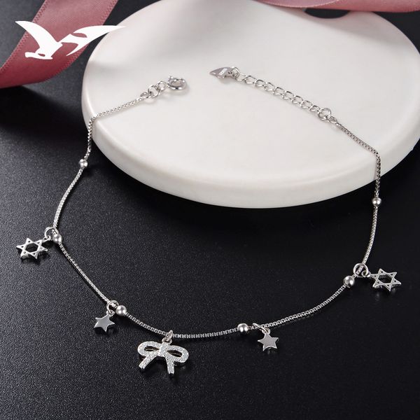 

s925 pure silver little star anklet woman korean version contracted bowknot anklet girl little pure and fresh foot, Red;blue